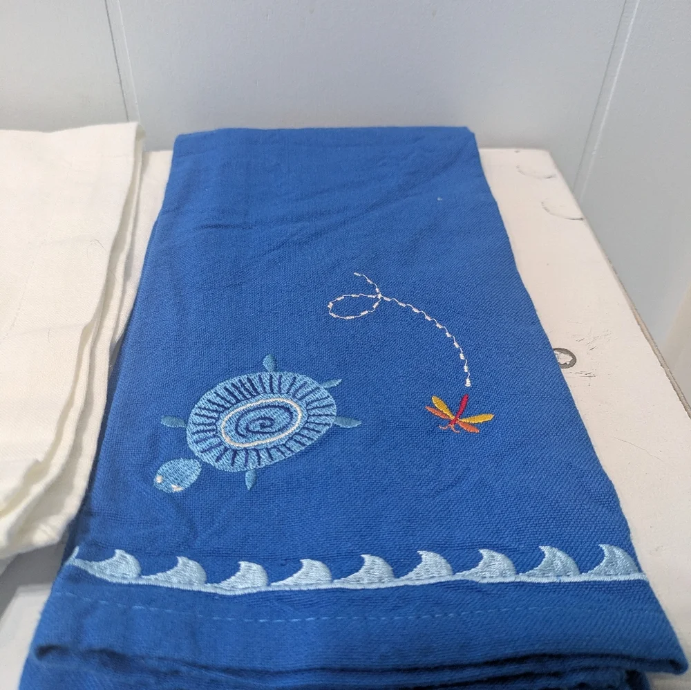 Set of 4 Turtle Sea Life Cotton Kitchen Tea Towels Coastal Nautical‎ Ocean Decor